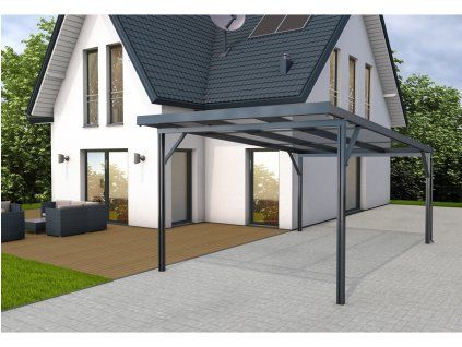 Přístřešek na auto Carport Premium PC, 3,094 x 5,62 m, antracit / čirá, bílé pruhy